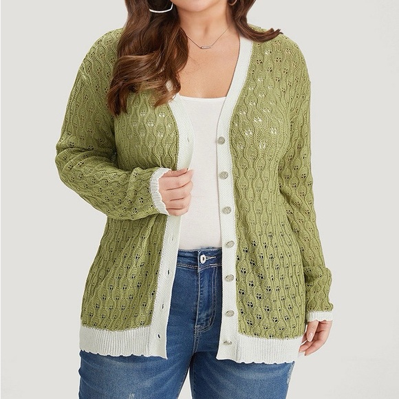 BloomChic Sweaters - BloomChic Light Green Pointelle Cardigan Plus Size 6X 30